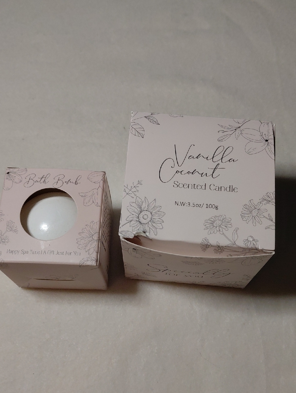 NWOT Vanilla Coconut Scented Candle & Bath Bomb - Light Pink Floral Packaging